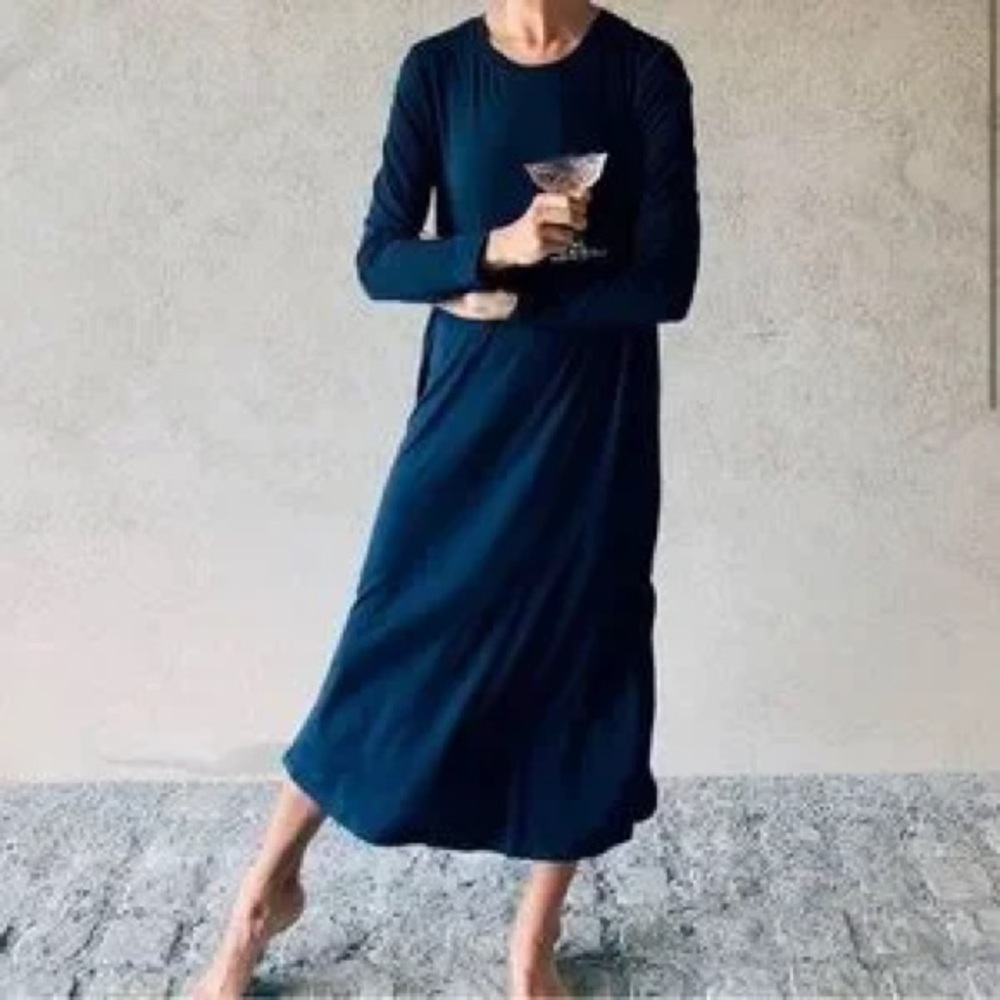 Lake Pajamas Bamboo Long Sleeve Lounge Dress in Navy